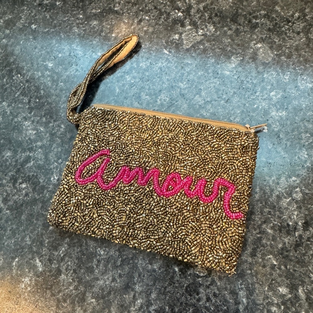 Moyna Amour Beaded Wristlet Clutch Bag Bronze Gold Pink Script Evening Pouch - Picture 2 of 7
